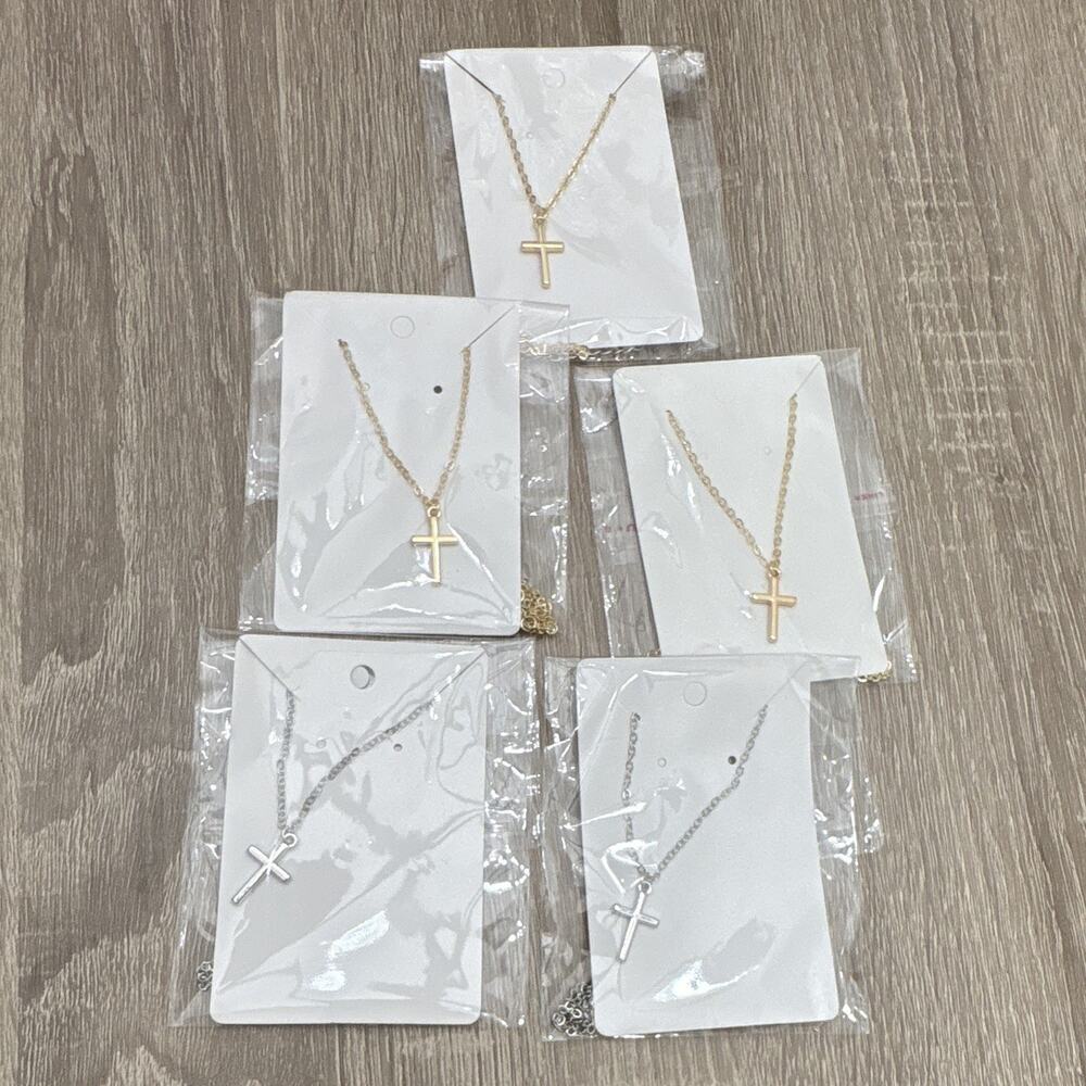 Christianity Cross Pendant Necklaces Lot on Chains, Gold Tone & Silver Tone Gift